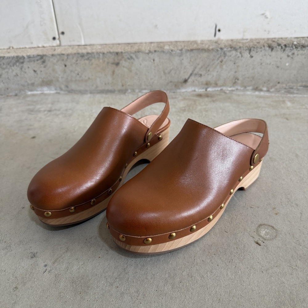 J.Crew Grace Convertible Leather Clogs Wooden Sole Studded Cognac 7.5 Excellent